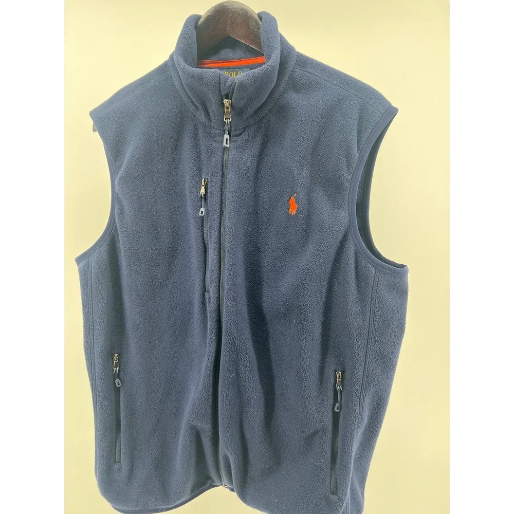 Polo Ralph Lauren‎ Navy Blue Fleece Vest Performance Orange Logo Size L